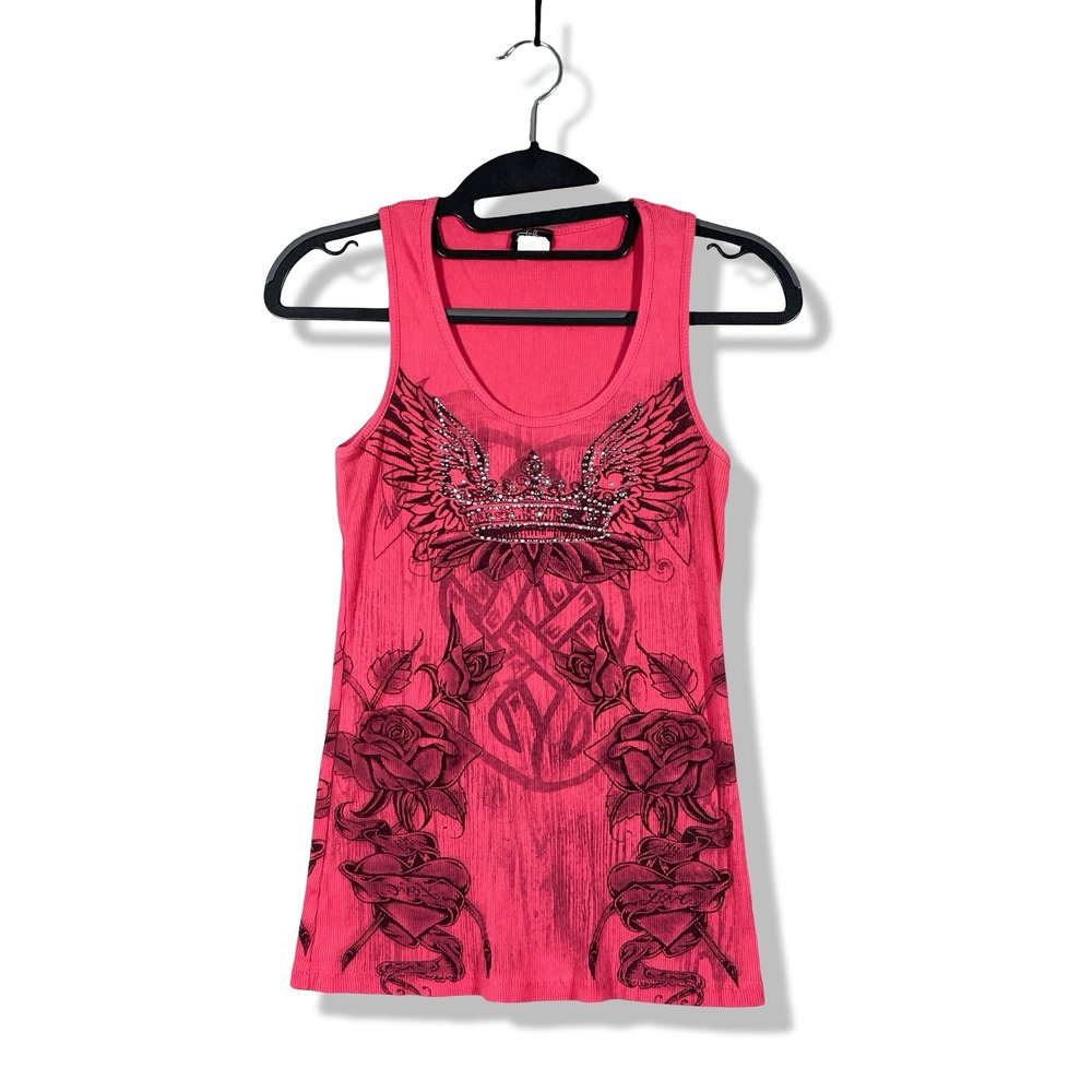 Styles Tank Top Womens Large Slim Pink Y2K McBling Grunge Tattoo Core Grunge